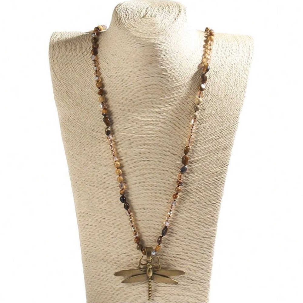 Boho Tigers Eye Crystal Natural Glass Dragonfly Necklace - Picture 4 of 5